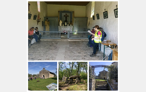 13/04/24 - Normale à Château-Larcher animée par Beate -  Photos du bas en partant de la gauche : église de Baptresse, dolmen d'Arlait puis Château-Larcher - Photos Joëlle C.